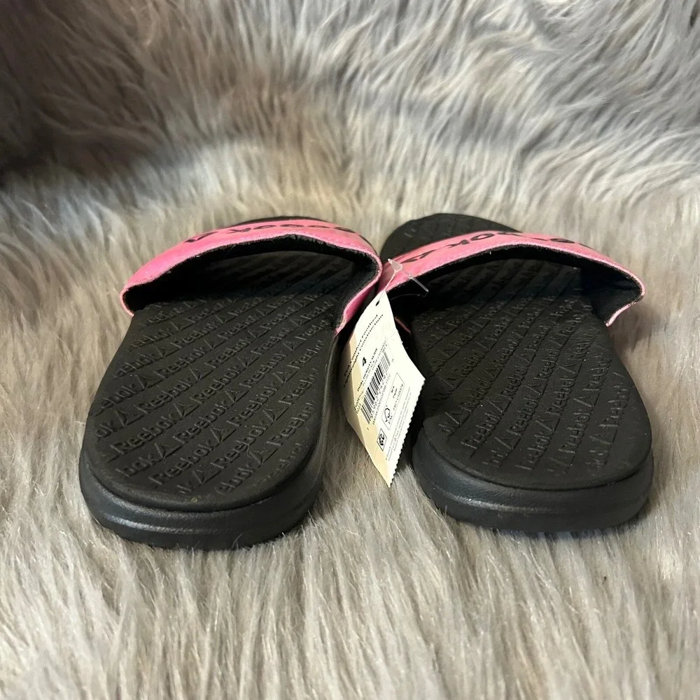 Reebok‎ Slides Girls Size 4 Pink Black Sparkly Glitter Slip On Sandals Shoes